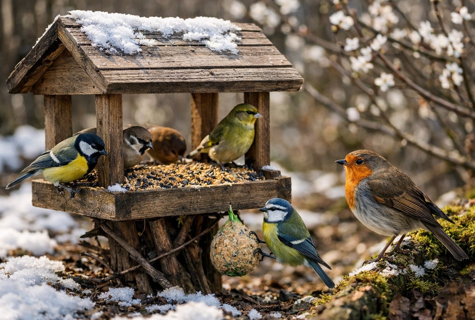 Graines pour les oiseaux en mars dans un jardin au début du printemps