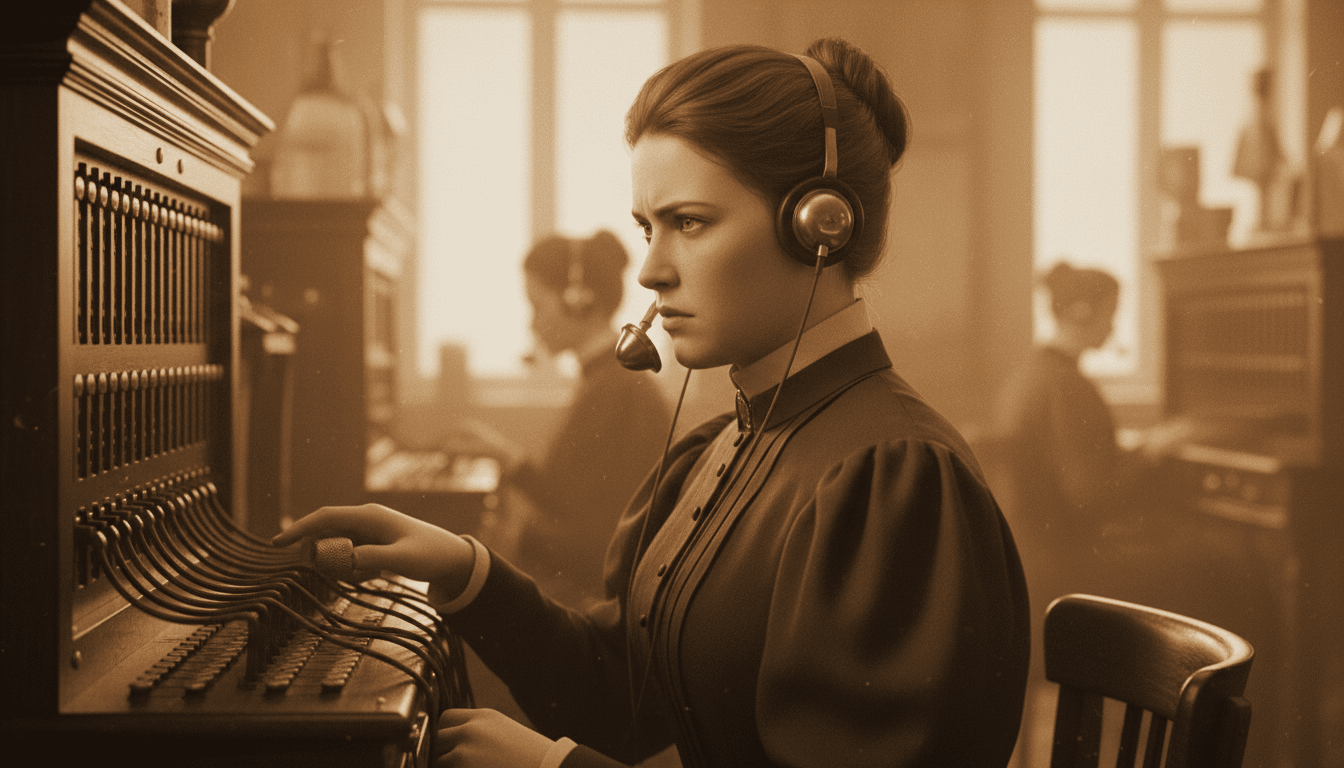 Opératrice téléphonique vintage années 1880 au standard