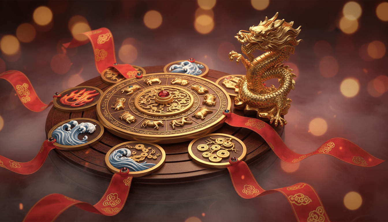 Ornate Chinese zodiac compass surrounded by five elements symbols (fire water earth metal wood), red