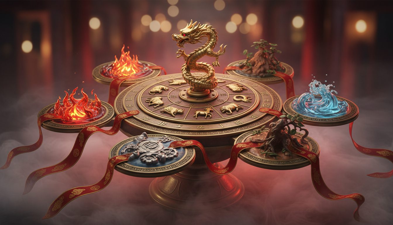 Ornate Chinese zodiac compass surrounded by five elements symbols (fire water earth metal wood), red