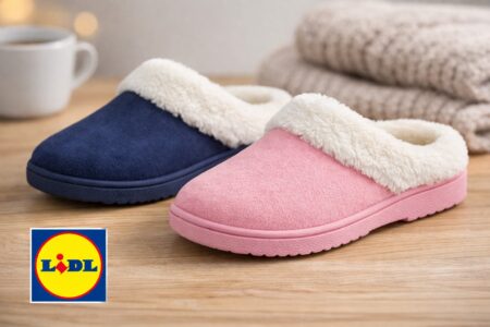 Pantoufles femme Lidl ESMARA à doublure douce, posées sur une table en bois, avec le logo Lidl en bas à gauche.