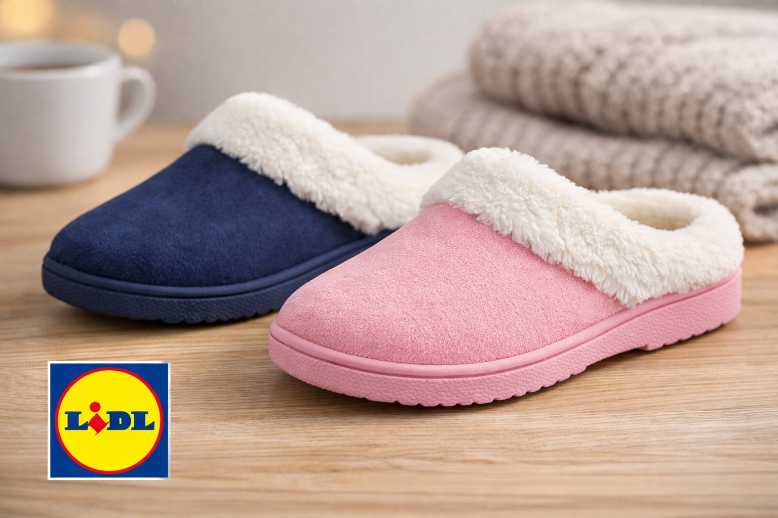Pantoufles femme Lidl ESMARA à doublure douce, posées sur une table en bois, avec le logo Lidl en bas à gauche.