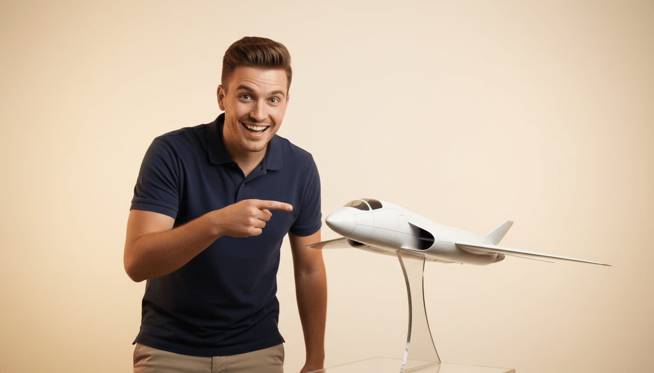 Passionné d'aviation devant une maquette supersonique