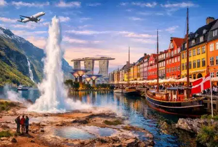 Pays les plus sûrs au monde, montage photo de voyage avec Islande, Singapour, Norvège et Copenhague
