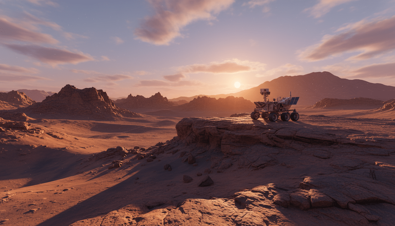 Paysage martien avec ciel bleuté au coucher du soleil