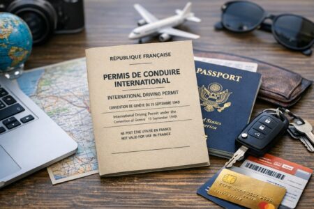 permis de conduire international sur une table avec passeport, clés de voiture et accessoires de voyage