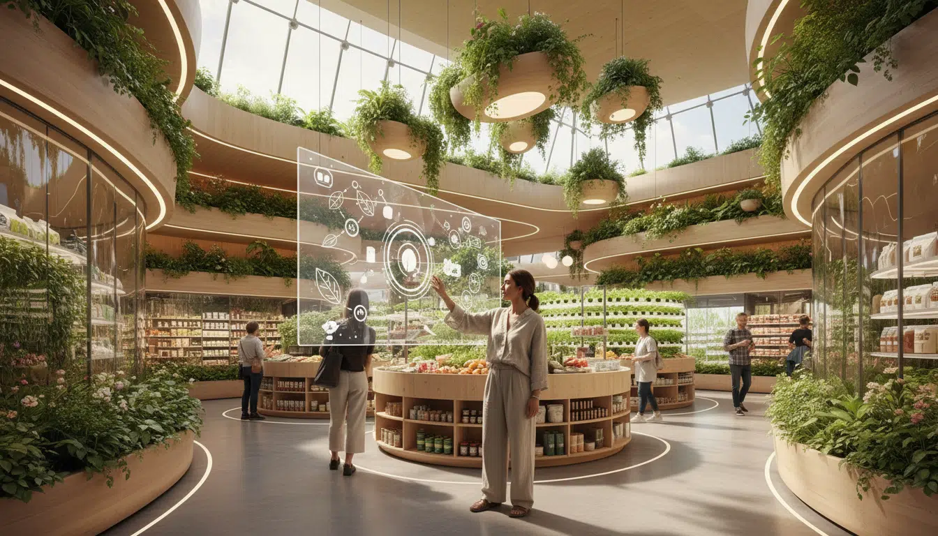 Personne interagissant avec un écran tactile dans un supermarché futuriste et écologique