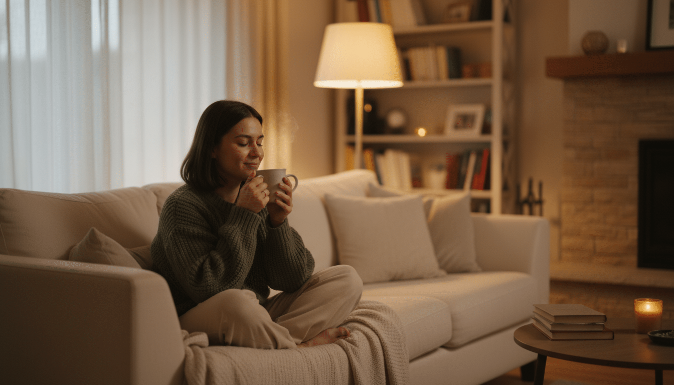 Personne seule sur un canapé tenant une tasse