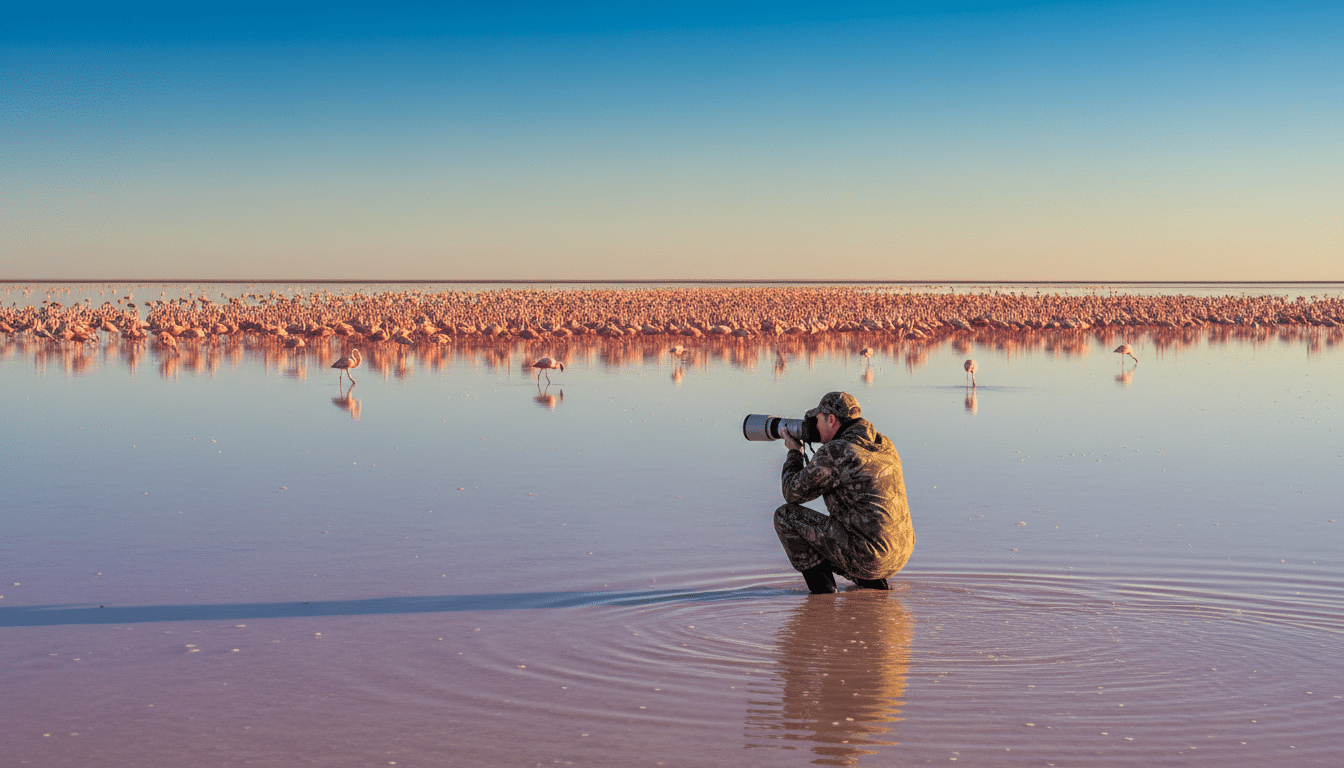 Photographe face à un lac rose couvert de flamants