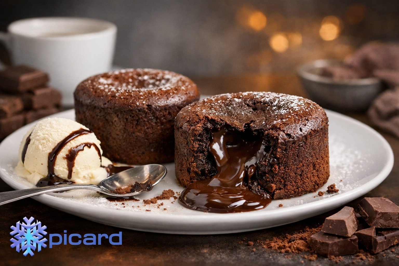 Moelleux au chocolat Picard servi à l’assiette, cœur coulant, avec boule de glace vanille