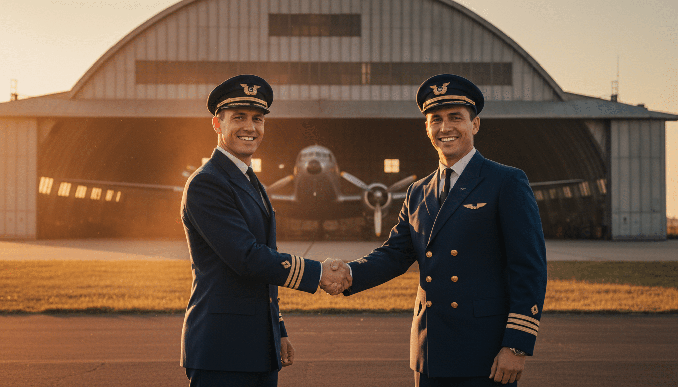 Pilotes des années 1960 devant un hangar aviation