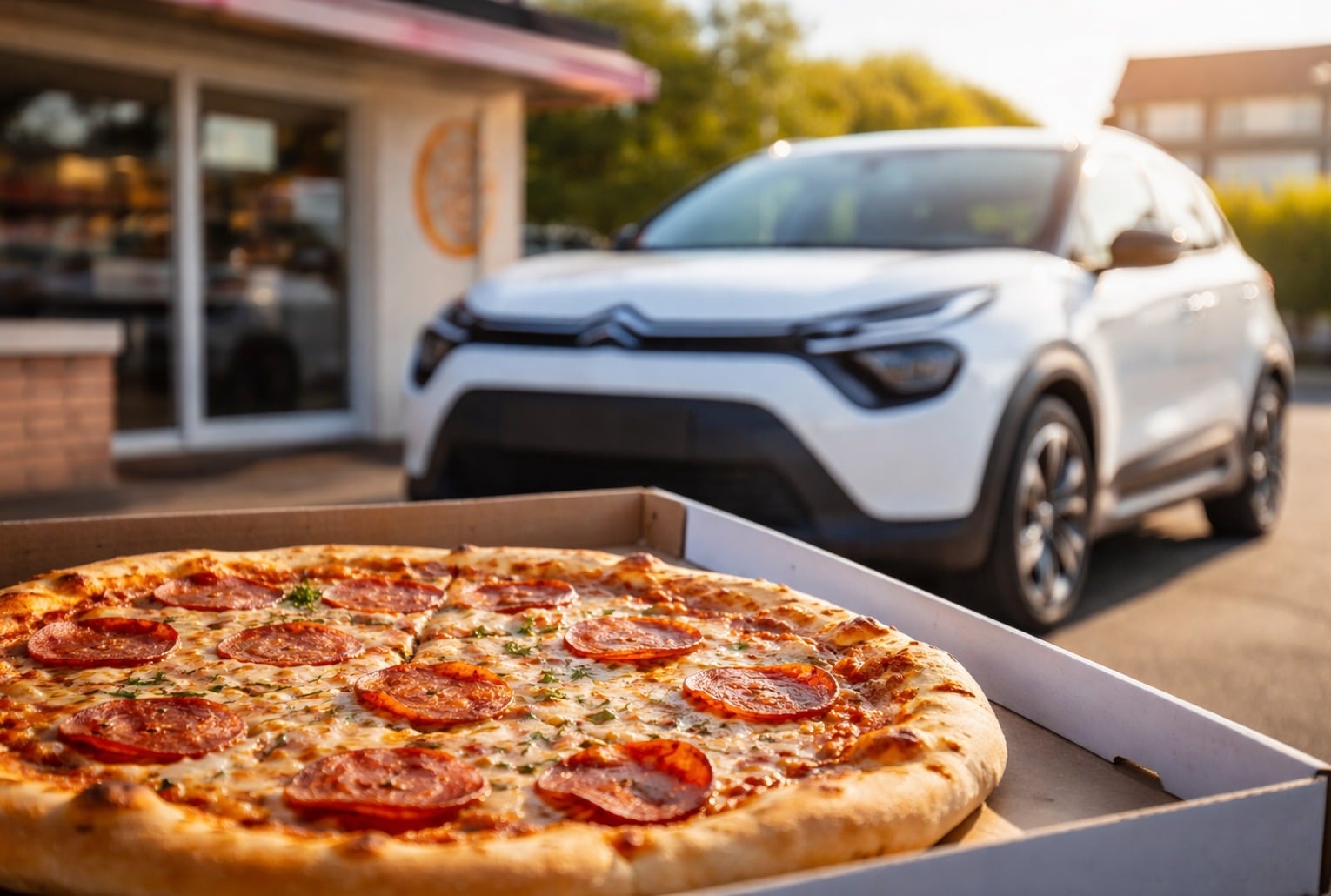 Pizza au premier plan dans sa boîte, avec une voiture électrique au deuxième plan dans une scène sobre.