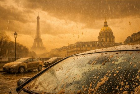Pluie de boue à Paris : sable du Sahara sur un pare-brise, ciel jaune et Tour Eiffel voilée.