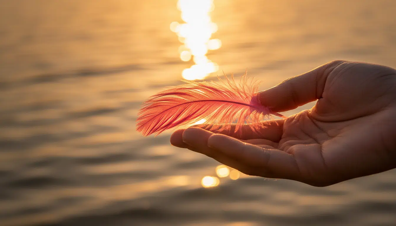 Plume rose de flamant tenue dans une main sous la lumière dorée
