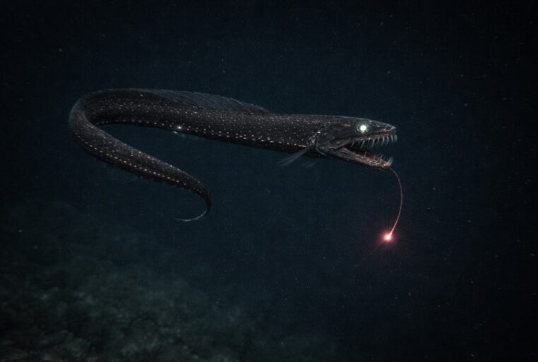 Poisson dragon noir observé dans les abysses depuis un sous-marin, dans une ambiance documentaire sobre.