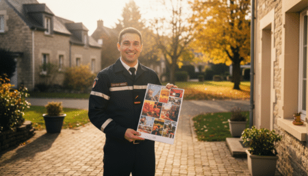 Pompier français souriant tenant un calendrier devant une porte