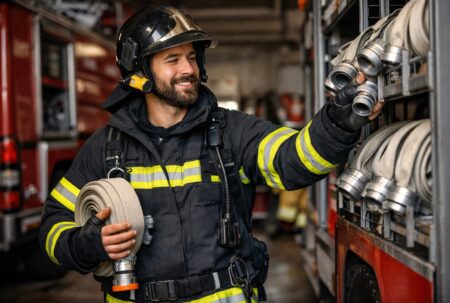 Pompier en uniforme complet prenant une lance à eau dans sa caserne.