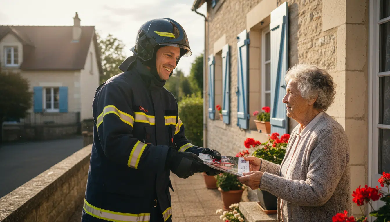 Pompier moderne souriant offrant un calendrier à une personne âgée