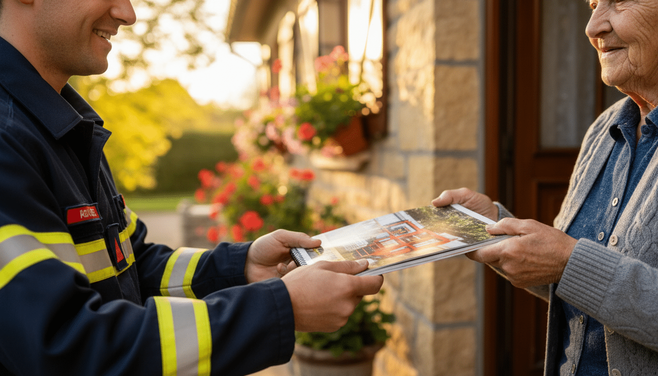 Pompier remettant un calendrier à une personne âgée