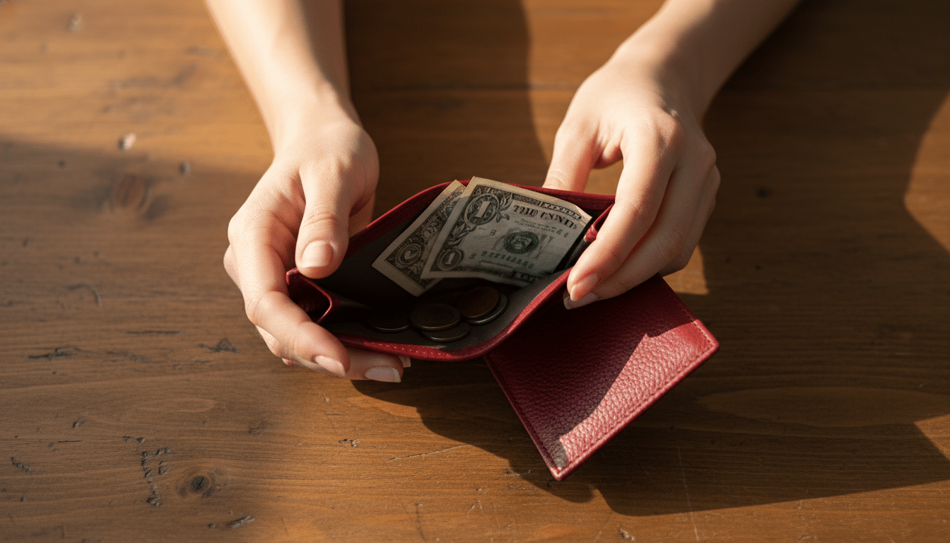 Portefeuille vide sur une table en bois