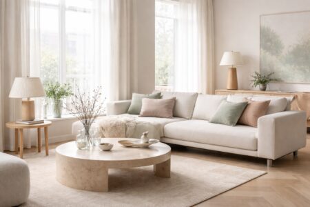 Salon lumineux esprit printemps 2026, avec déco chic sans fleurs, matières claires, coussins pastel grisés et lumière naturelle.