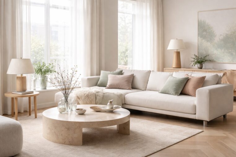 Salon lumineux esprit printemps 2026, avec déco chic sans fleurs, matières claires, coussins pastel grisés et lumière naturelle.