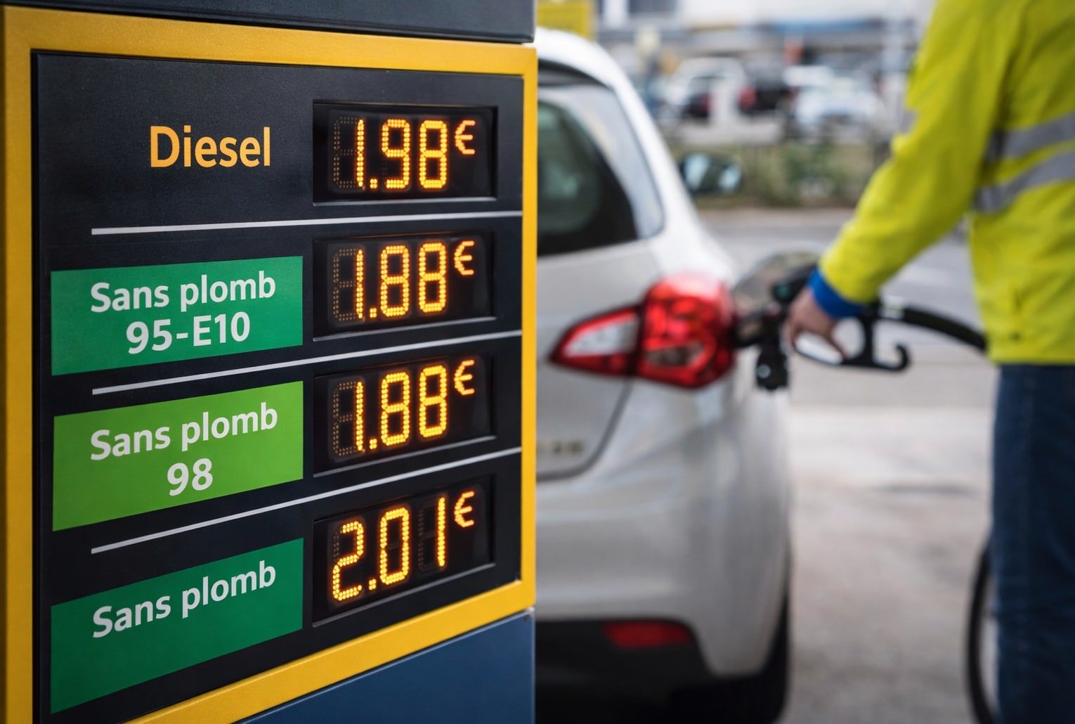 Affichage des prix à la pompe dans une station-service avec automobiliste en train de faire le plein