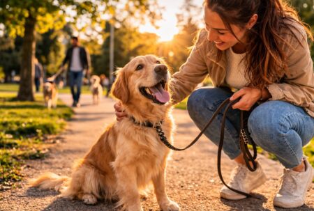 Femme promenant son chien dans un parc au coucher du soleil, une image qui illustre l’importance de promener son chien plusieurs fois par jour