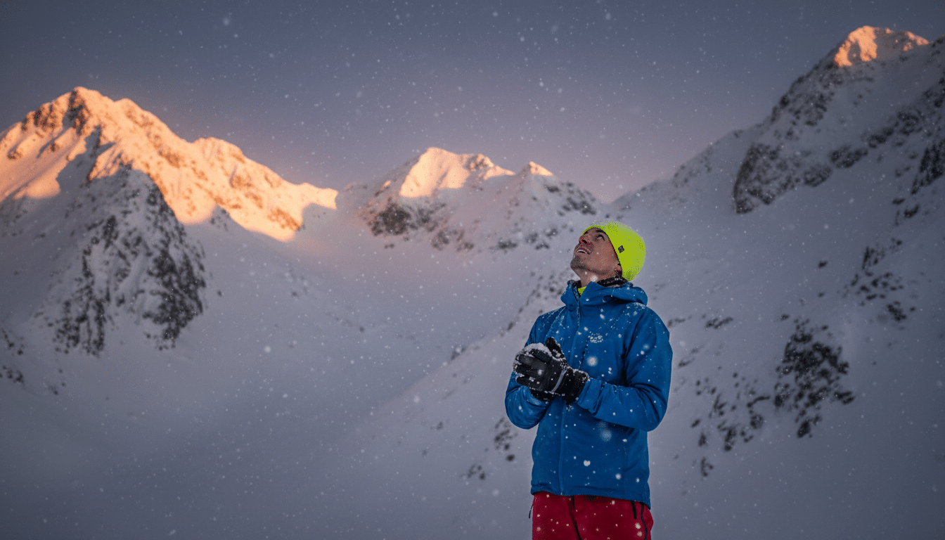 Randonneur face à la neige fraîche dans les Alpes
