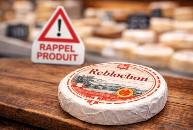 Rappel reblochon : un reblochon au lait cru posé sur un comptoir, avec un fond flou et un panneau de rappel en arrière-plan.