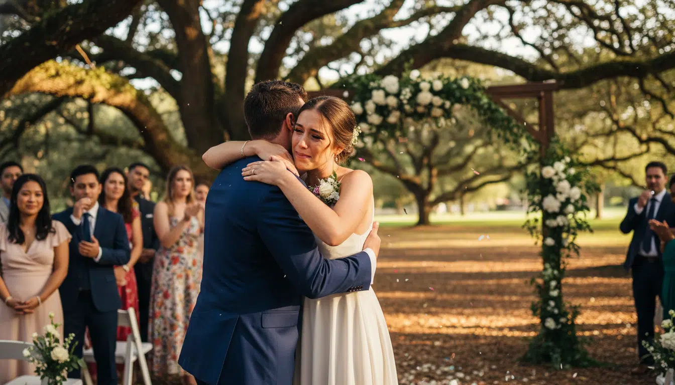 Deux amis s'étreignant lors d'une cérémonie émouvante