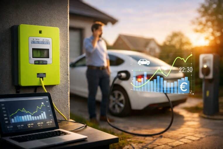 Recharge à domicile d’une voiture électrique devant une maison, avec compteur Linky et visualisation du coût de charge pour une flotte d’entreprise