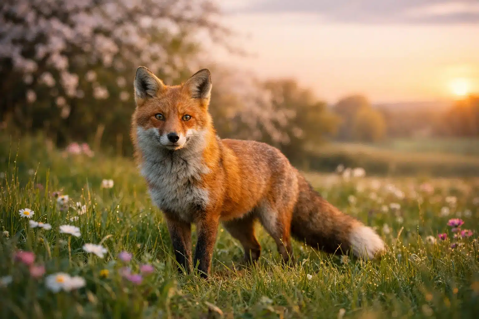 Un renard dans un champ au printemps, à l’heure où les renards sortent