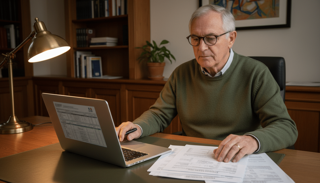 Retraité vérifiant sa déclaration d'impôts en ligne