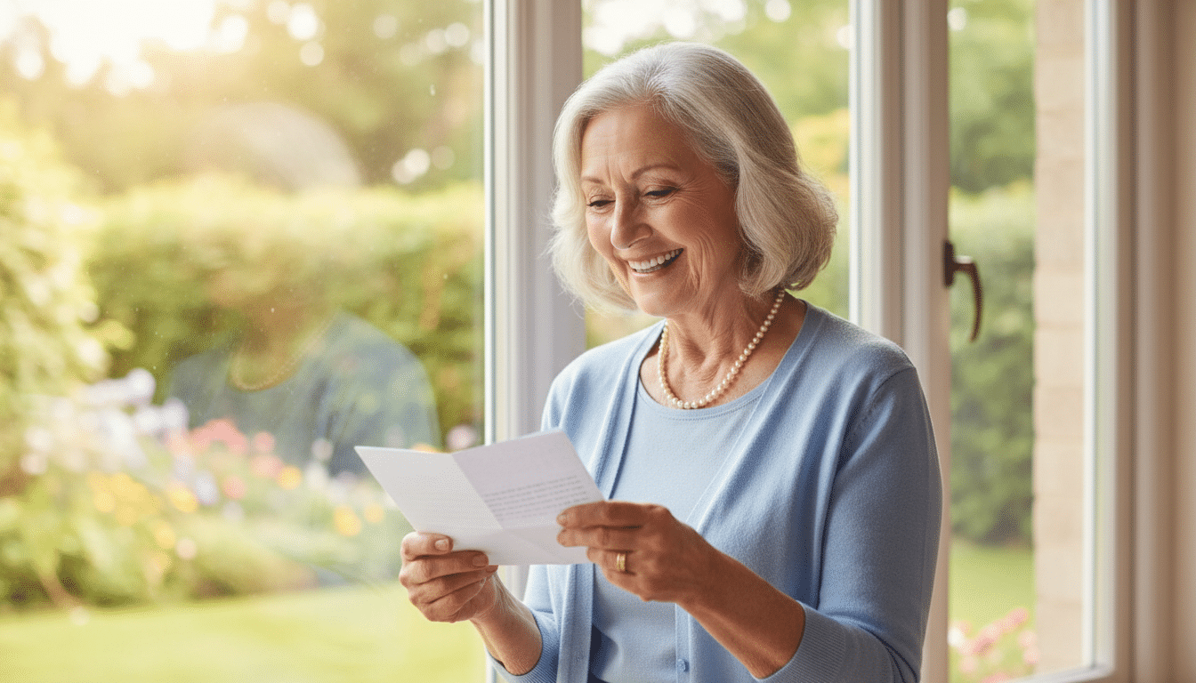 Retraitée souriante avec une lettre fiscale positive