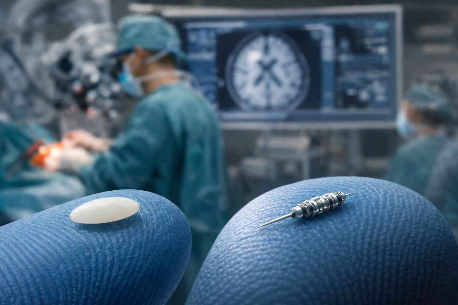 Microrobot cérébral français comparé à un grain de riz dans un environnement de neurochirurgie