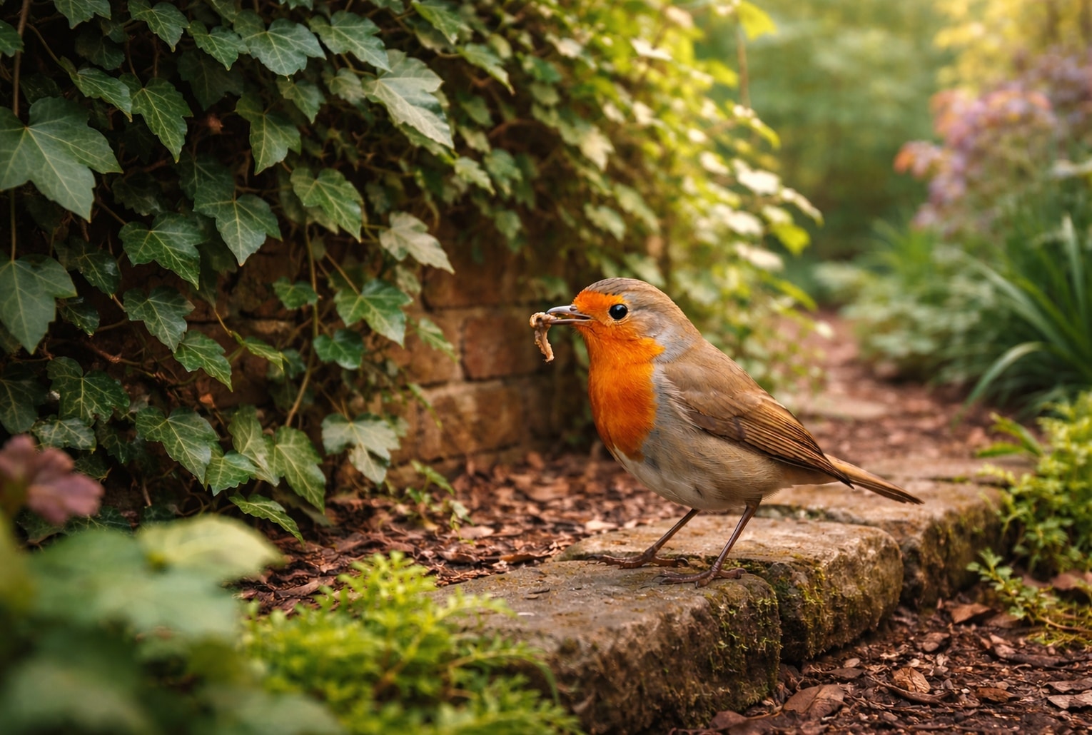 Rouge-gorge dans un jardin bordé de lierre, tenant un ver près d’une allée en pierre