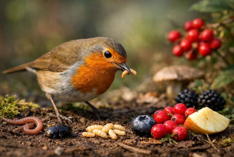 Rouge-gorge familier en train de se nourrir au sol parmi des vers, larves, baies et morceaux de fruits.b