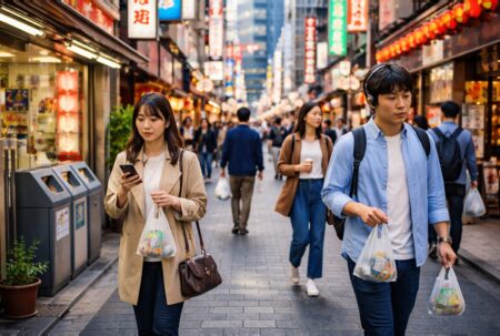 Rue de Tokyo propre où des passants conservent leurs déchets dans de petits sacs, illustrant la méthode de propreté au Japon sans poubelles.