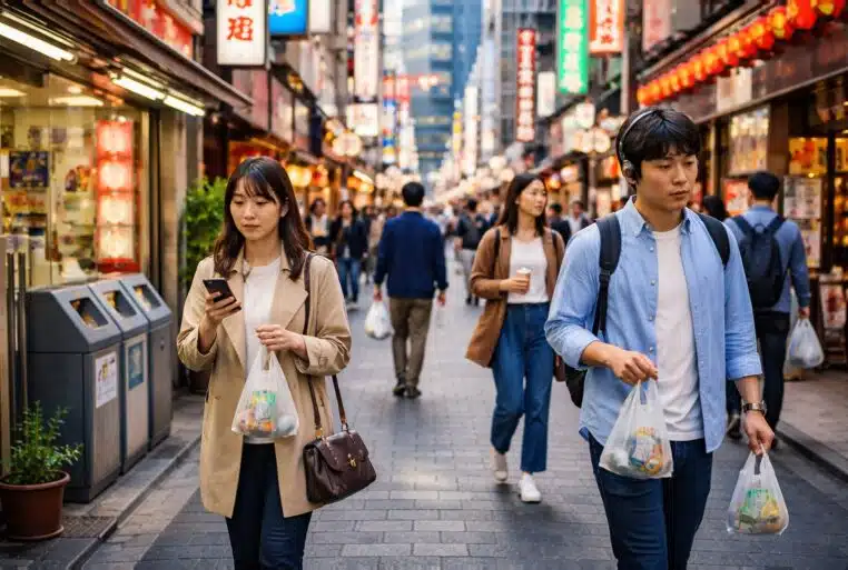 Rue de Tokyo propre où des passants conservent leurs déchets dans de petits sacs, illustrant la méthode de propreté au Japon sans poubelles.