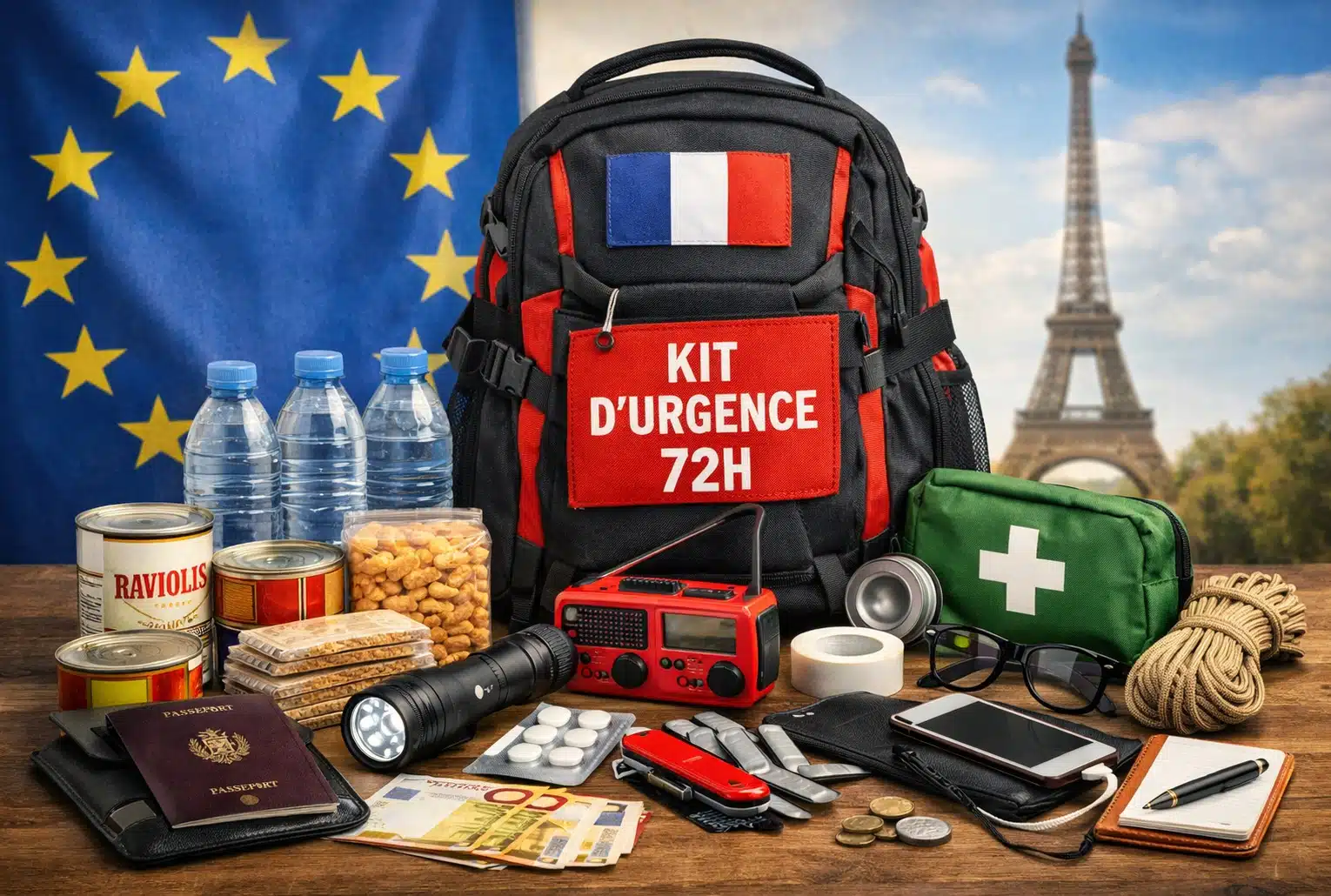 Sac de survie : kit d’urgence 72h avec eau, nourriture, radio, lampe torche, argent liquide et trousse de secours, sur fond drapeau européen et Tour Eiffel.
