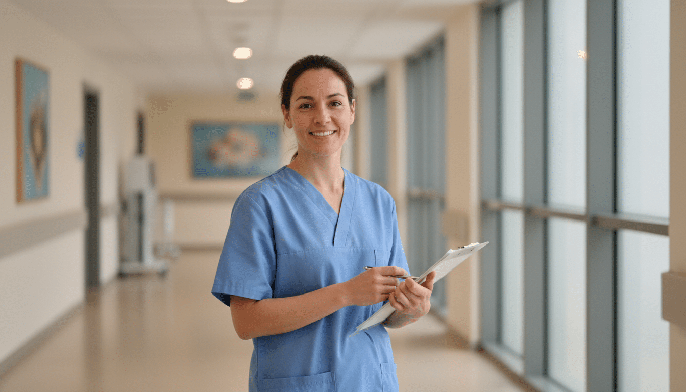 Sage-femme souriante en blouse bleue dans un couloir d'hôpital