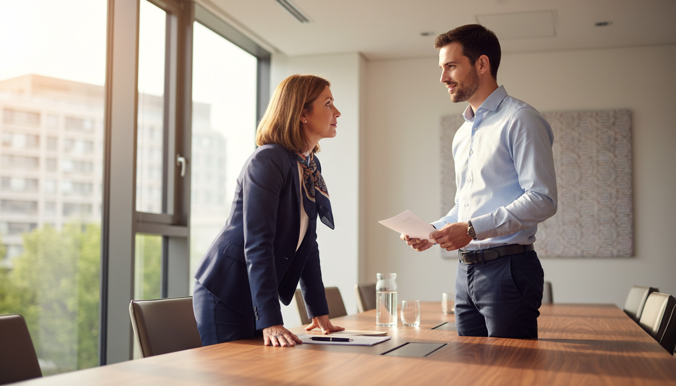 Salarié confiant face à son employeur en réunion