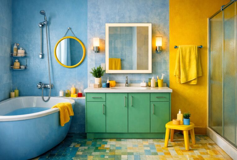 salle de bain avec bleu glacier, jaune soutenu et vert froid, trois couleurs déconseillées par les décorateurs