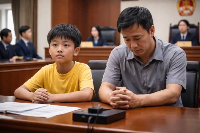 Enfant chinois de 10 ans assis dans une salle de tribunal aux côtés de son père au visage désolé