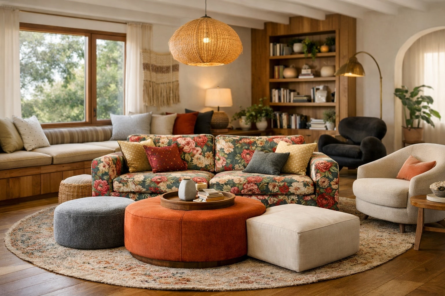 salon 2026 avec canapé floral, ottomans modulables et banquette intégrée dans un séjour chaleureux