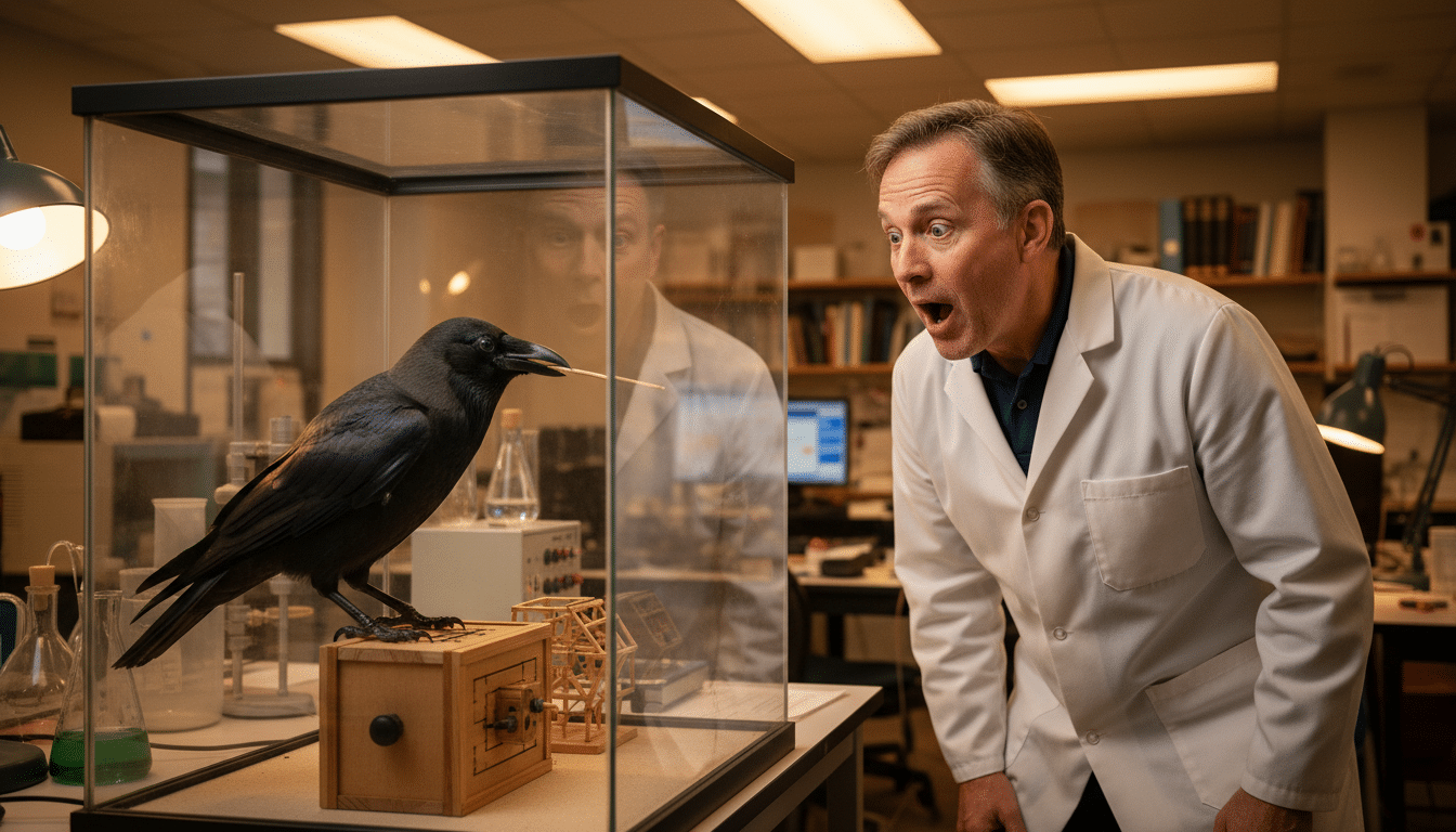 Scientifique observant un corbeau résoudre un problème