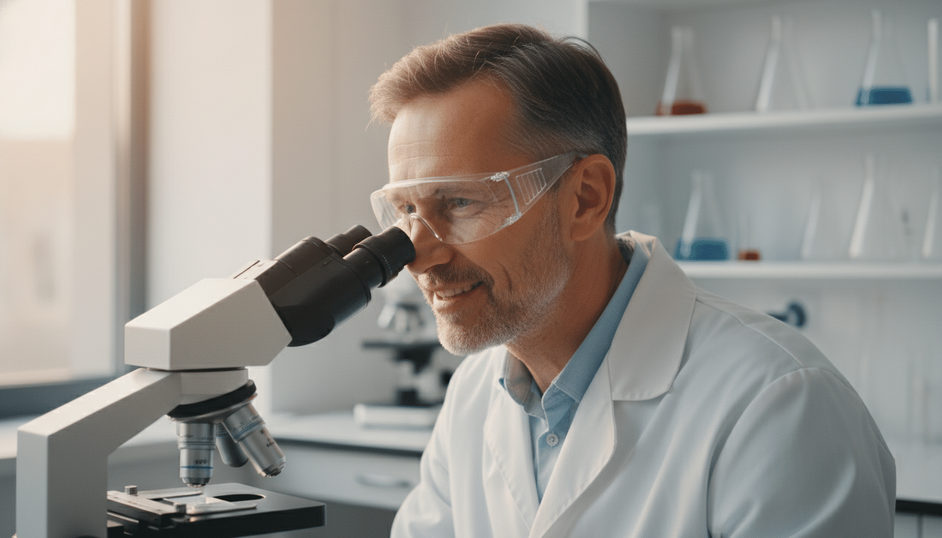 Scientifique souriant observant des cellules au microscope
