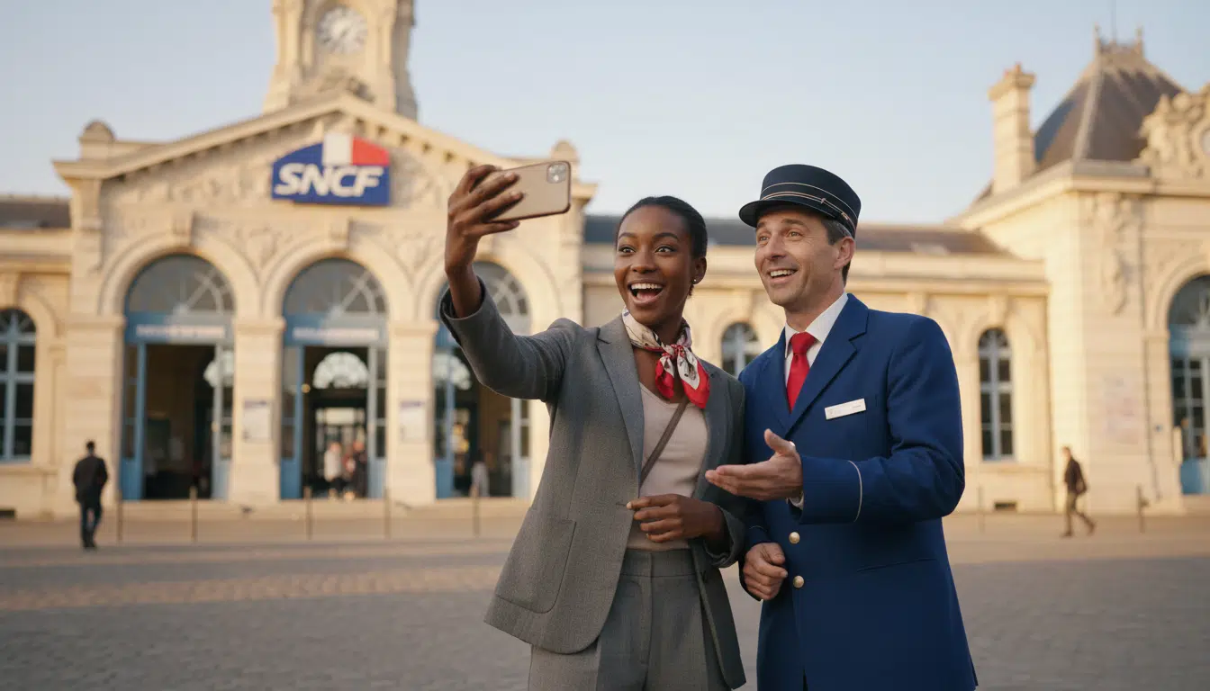 Selfie avec une célébrité devant une gare française