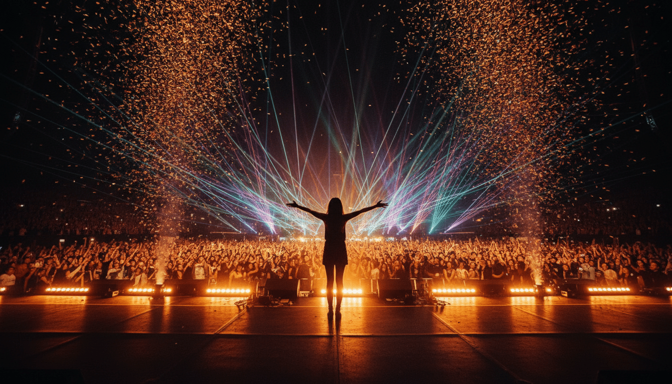 Silhouette de chanteuse face à une foule immense en concert